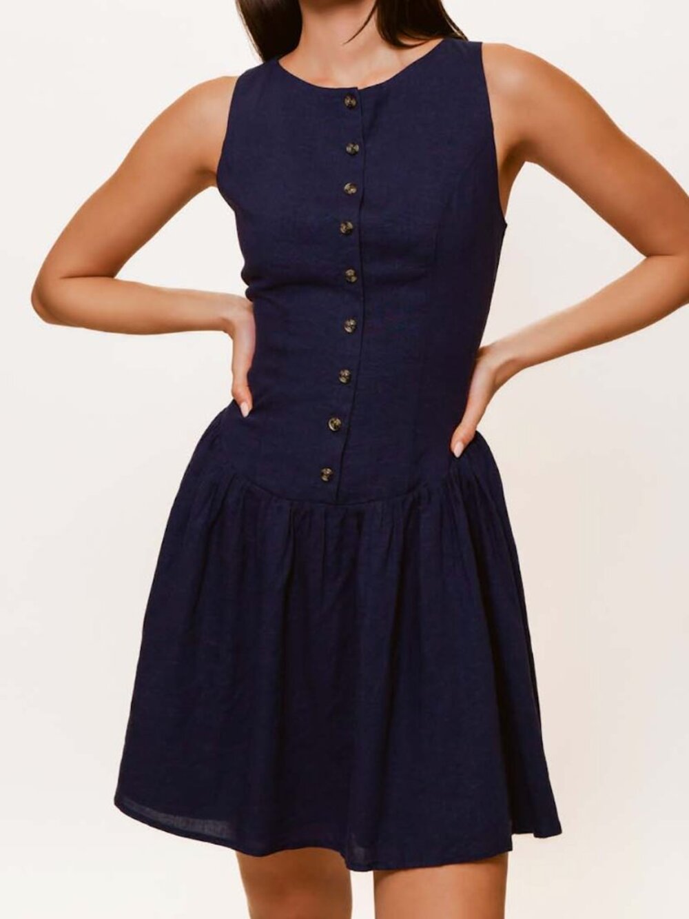 Hutch Roma Navy Sleeveless Button-Front Drop Waist Women’s Short Linen Dress